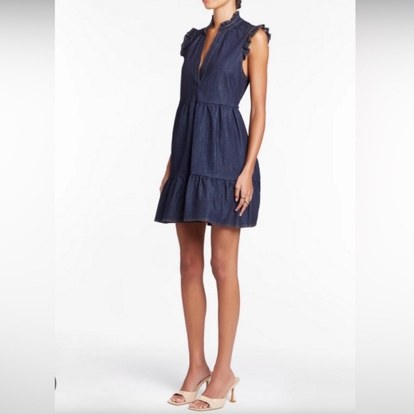 Amanda Uprichard Denim Mini Dress XS | Ruffle Tiered Hem V-Neck Summer Casual - Picture 1 of 5